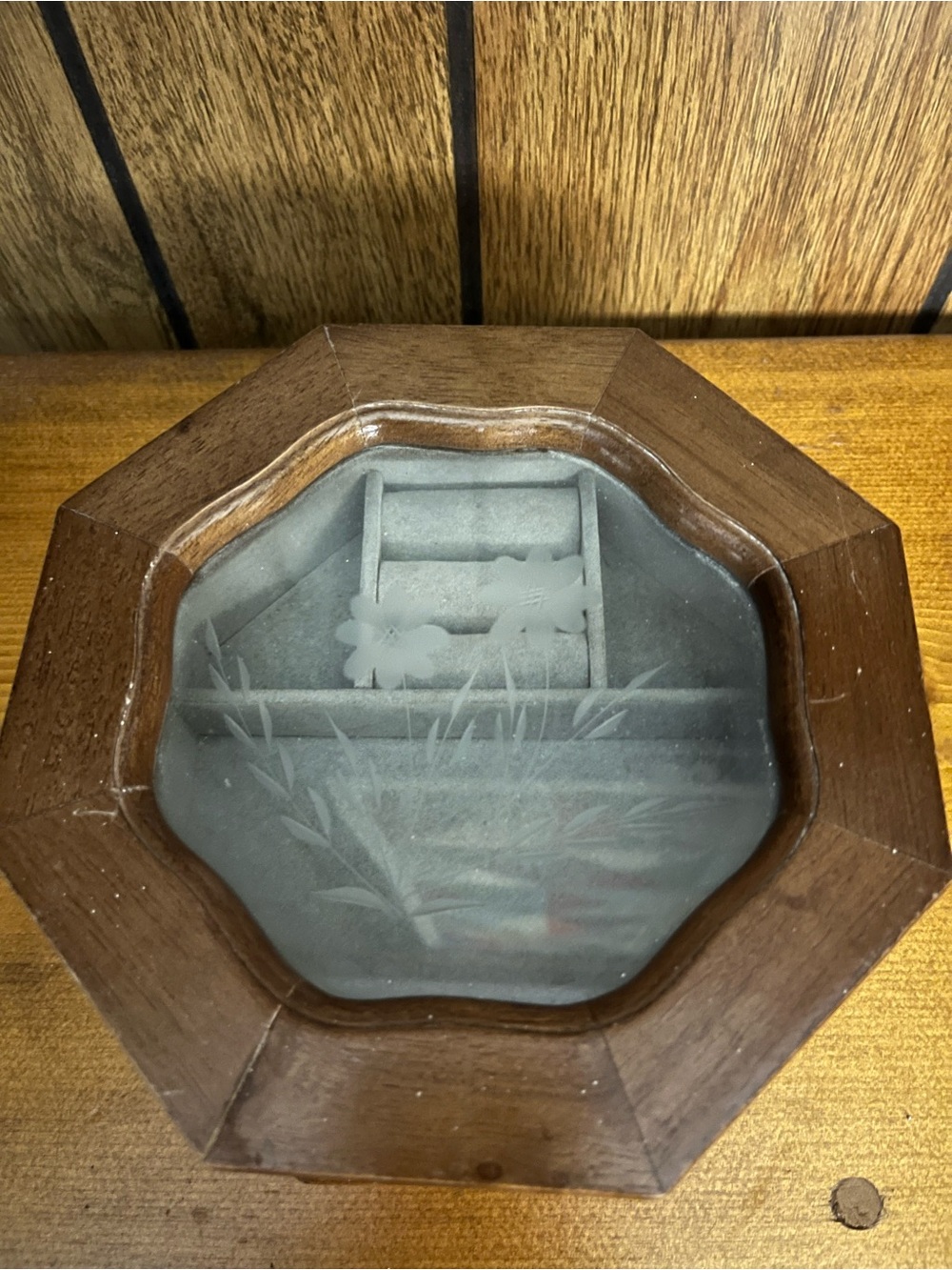 Octagonal Wood Glass Top Jewelry Box with Etched Floral Glass